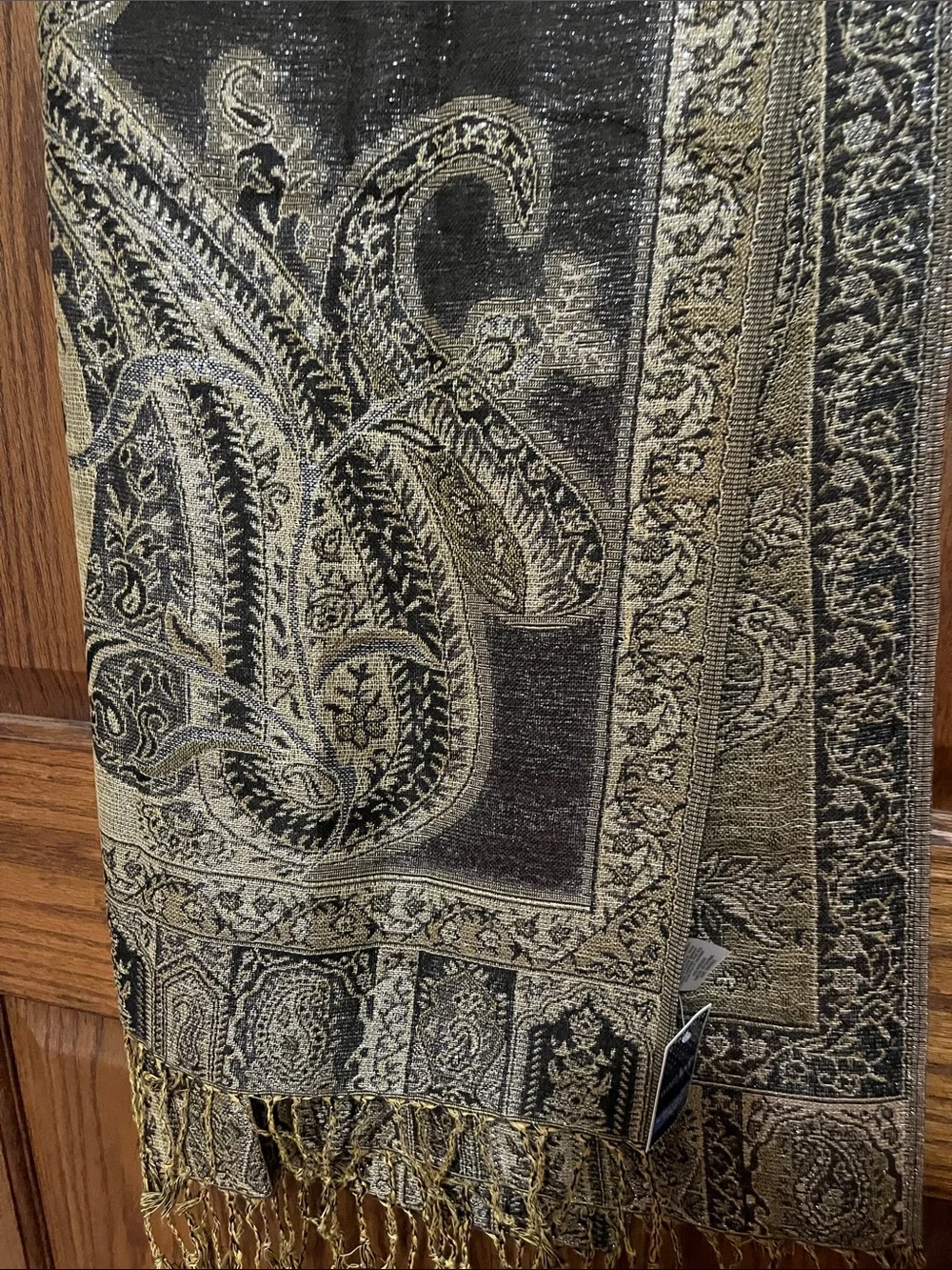 west loop Black and Gold Paisley Fringe Wrap Scarf